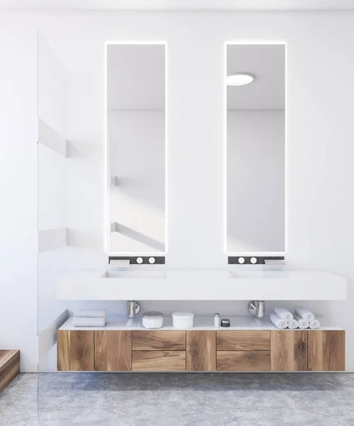 Double sink in white and wooden bathroom — Stock Photo, Image