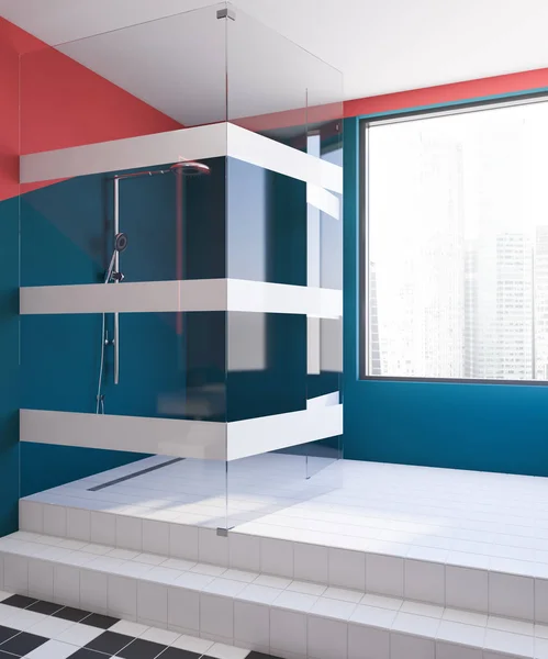 Jasny niebieski i czerwony kącik łazienka z prysznicem — Zdjęcie stockowe