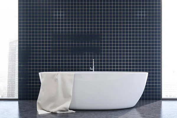 Blue tile bathroom interior with tub