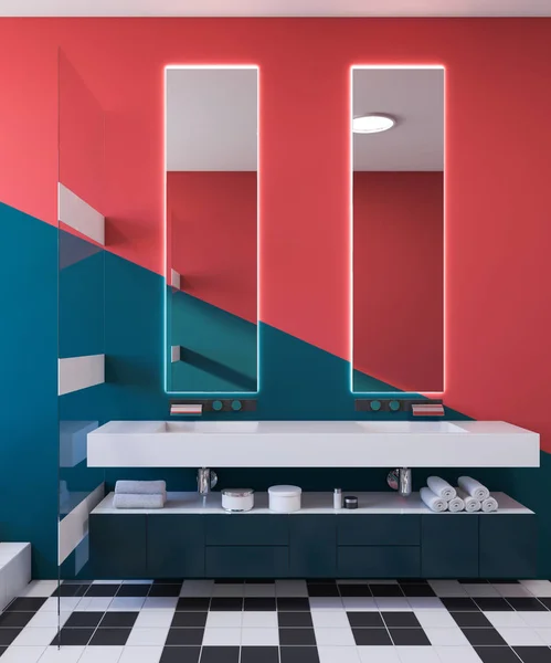 Parlak mavi ve kırmızı banyoda çift lavabo — Stok fotoğraf