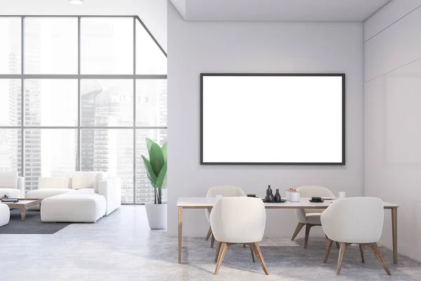 Witte eetkamer en woonkamer met poster — Stockfoto