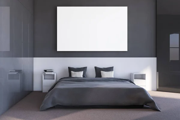 Grau-weiße Schlafzimmer mit Poster — Stockfoto