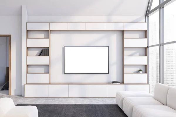 Vit vardagsrum interiör med Tv och soffa — Stockfoto