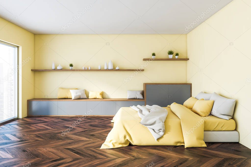 Yellow master bedroom interior with shelves