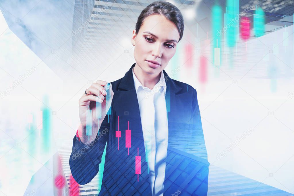 Woman working with digital graph in city