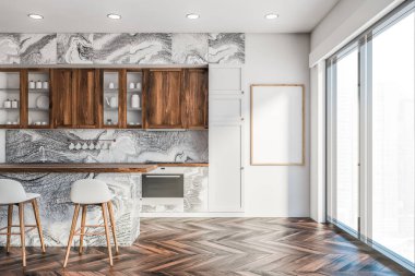 Marble and wooden kitchen with bar and poster