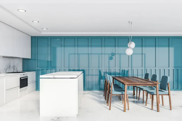 Contadores de cocina azul blanco y mesa, vista lateral — Foto de Stock