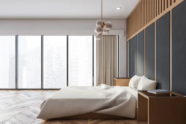 Panoramisk grå sovrum, sidovy — Stockfoto