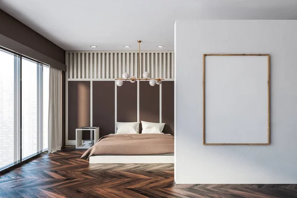 Panoramic brown master bedroom with poster — 스톡 사진