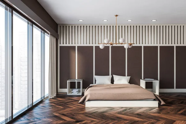 Panoramic brown master bedroom interior