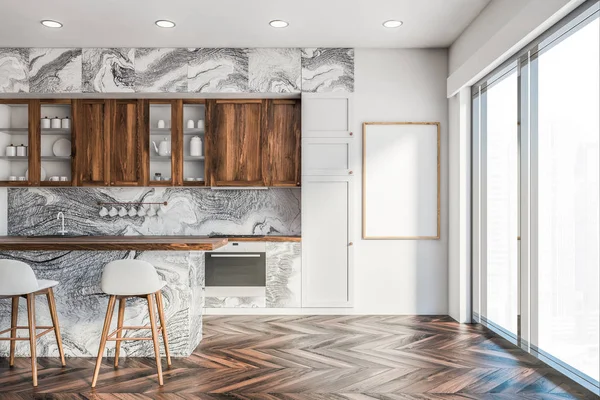 Marble and wooden kitchen with bar and poster — ストック写真