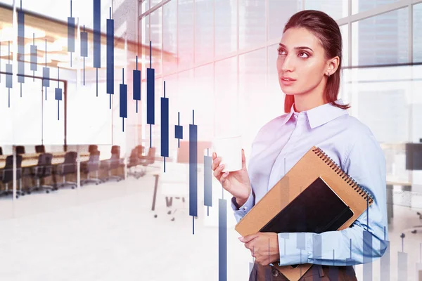 Woman with coffee in office, financial graph — Stock Photo, Image