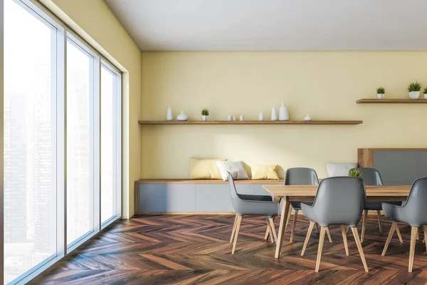 Yellow panoramic dining room interior with cabinet — 스톡 사진