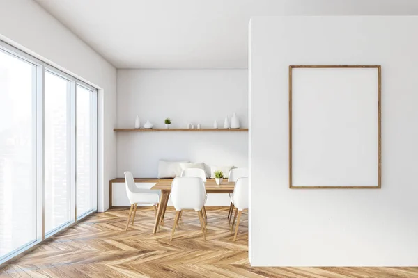 White panoramic dining room interior with poster — Stok fotoğraf