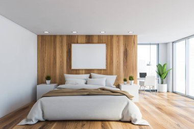 Wooden master bedroom with home office and poster
