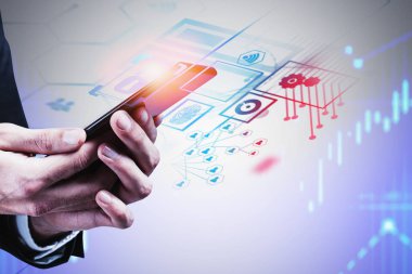Man hand with smartphone, business interface