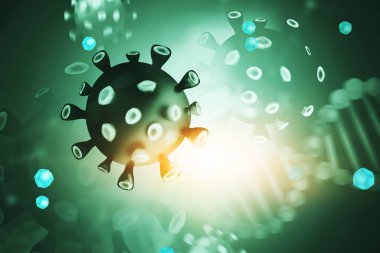 Green virus cell, DNA chain background Coronavirus