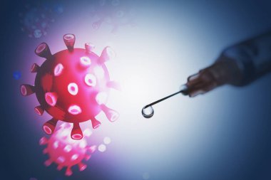 Red virus cell and syringe, coronavirus cure