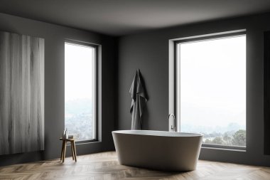 Küveti ve dolabı olan gri banyo köşesi.