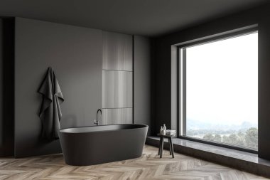 Küvetli gri ve ahşap banyo köşesi