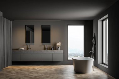 Dolaplı gri ve ahşap banyo