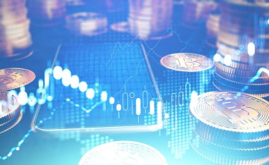Bitcoin, akıllı telefon ve grafik. Madencilik