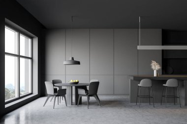 Bar ve masa ile gri mutfak iç