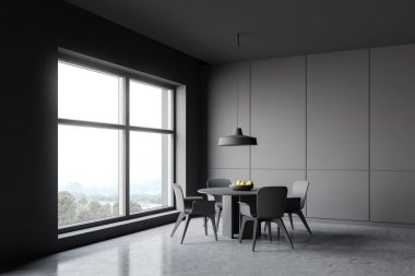 Yuvarlak masalı gri yemek odası köşesi