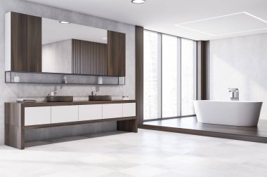 Beyaz ve ahşap banyo köşesi, küvet, lavabo