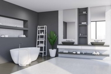 Beyaz fayans ve gri banyo köşesi.