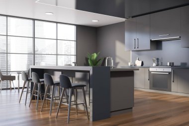 Barlı ve masalı gri ve mavi mutfak köşesi