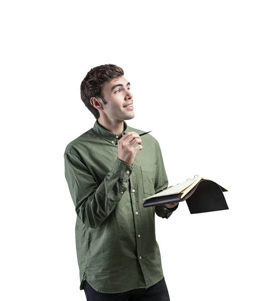 Sorrindo homem casual com caderno — Fotografia de Stock