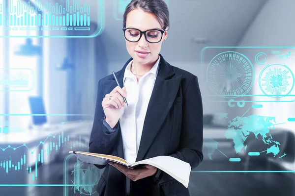 Woman with notebook in office, infographics — Stock Photo, Image