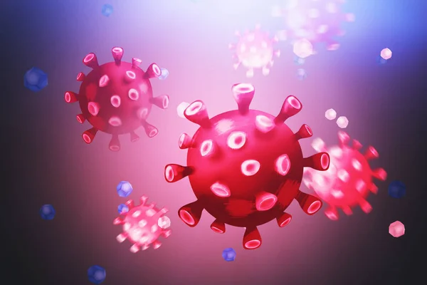 Célula de vírus vermelha sobre fundo azul. Coronavírus — Fotografia de Stock