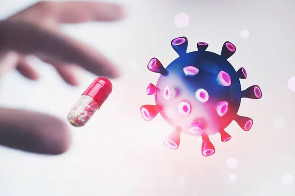 Hand hält Pille und Coronavirus-Molekül — Stockfoto