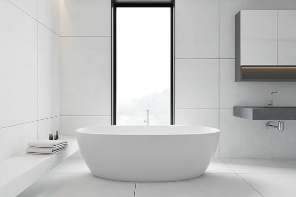 White tile bathroom interior, tub and sink — Stock Photo, Image