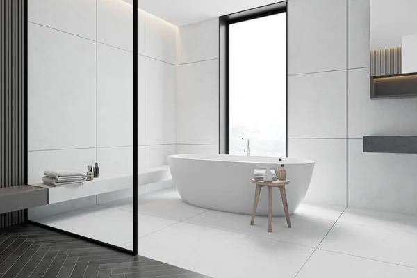 Белый кафельный угол ванной комнаты с тюбиком — стоковое фото