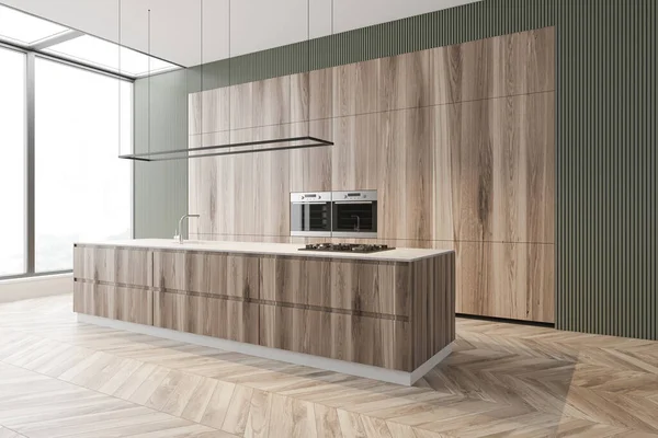 Gray and wooden kitchen corner with island — Stock Photo, Image