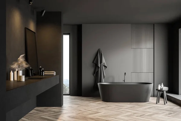 Dark gray bathroom with tub and sink — 스톡 사진