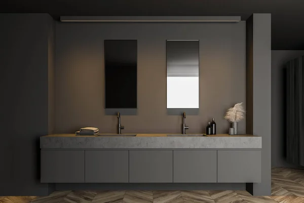 Bagno interno grigio con doppio lavabo — Foto Stock