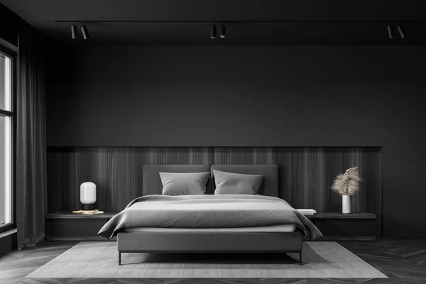 Gray and wooden master bedroom interior — Stock Photo, Image