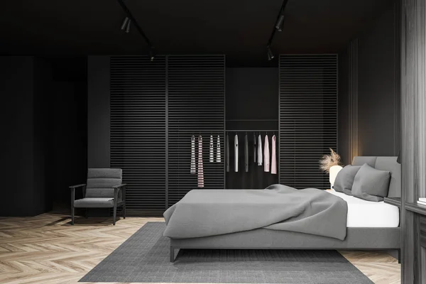 Gray master bedroom interior with wardrobe — Stock Photo, Image