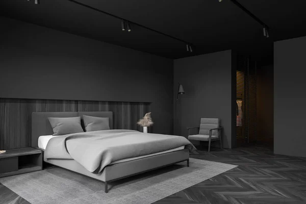 Dolabı olan gri ana yatak odası köşesi — Stok fotoğraf