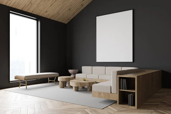 Sótão sala de estar cinza com sofá e cartaz — Fotografia de Stock