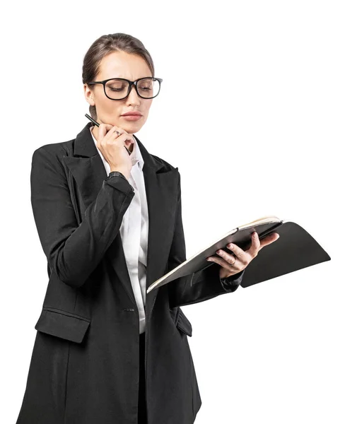 Femme d'affaires avec cahier et stylo, isolée — Photo