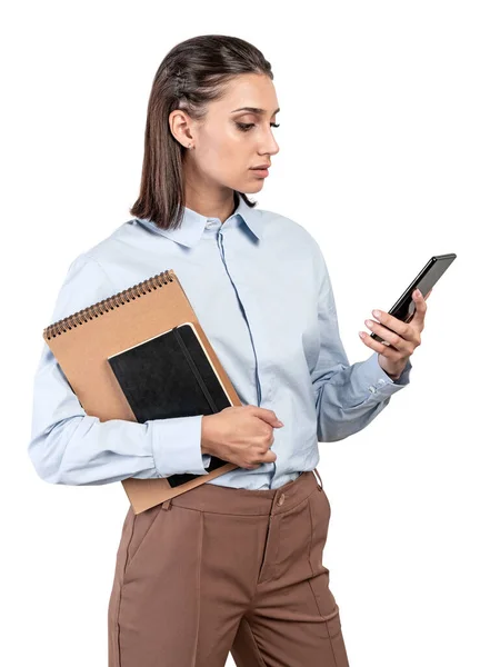 Mujer con smartphone y portátil, aislado — Foto de Stock