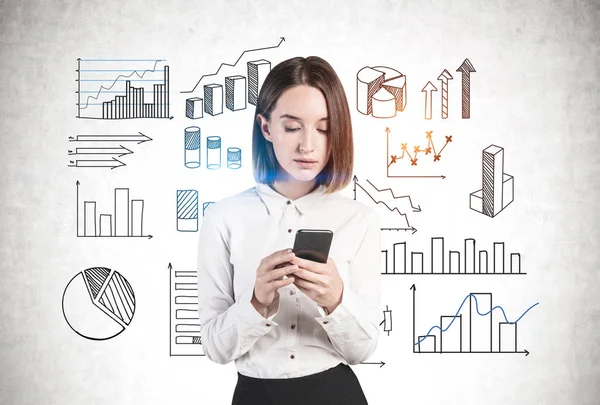 Woman with phone and types of graphs — Stock Photo, Image
