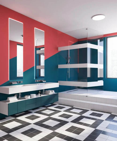 Niebiesko-czerwona łazienka z umywalką i prysznicem — Zdjęcie stockowe