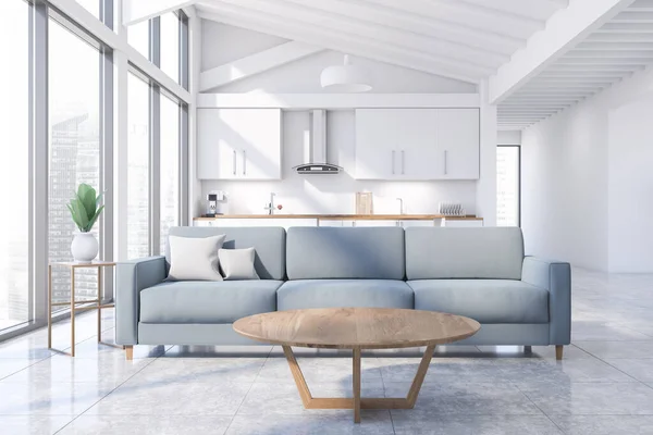 Dachboden weißes Wohnzimmer und Küche Innenausstattung — Stockfoto