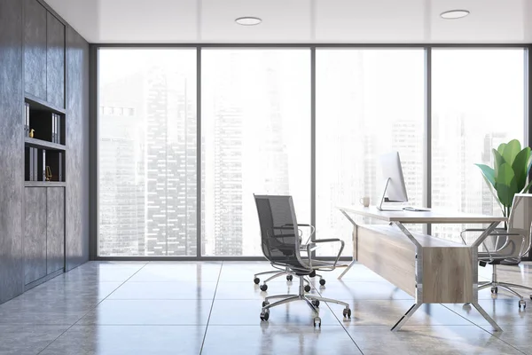 Panoramic executive office interior, gray bookcase — Stock Photo, Image